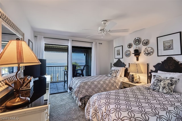 carpeted bedroom with ceiling fan and access to outside