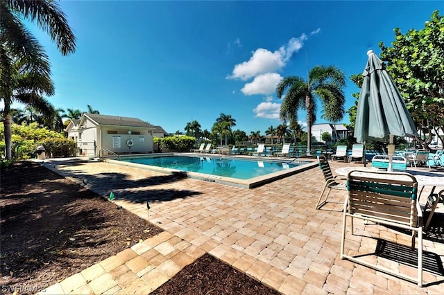 view of swimming pool featuring a patio area