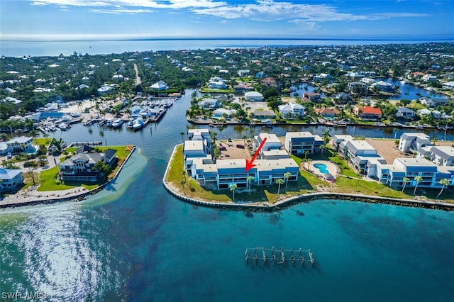 aerial view featuring a water view