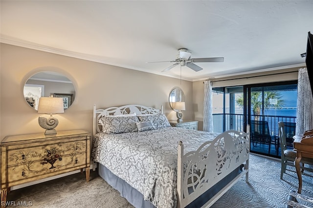 bedroom featuring access to outside, dark colored carpet, ceiling fan, and ornamental molding