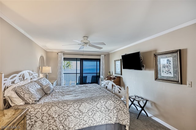 bedroom with crown molding, access to exterior, and ceiling fan