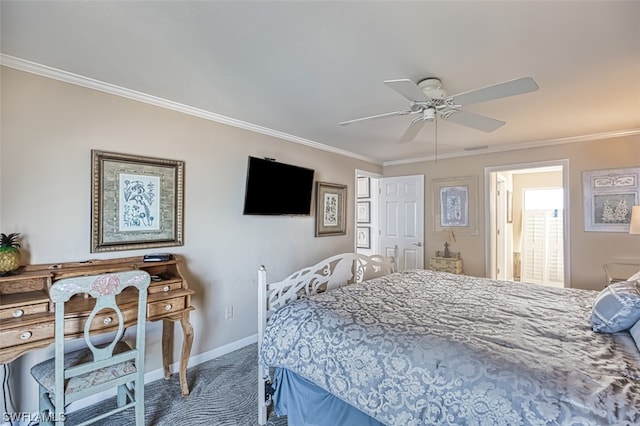 bedroom featuring crown molding, connected bathroom, ceiling fan, and dark colored carpet