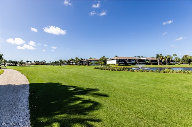 view of community with a water view and a lawn