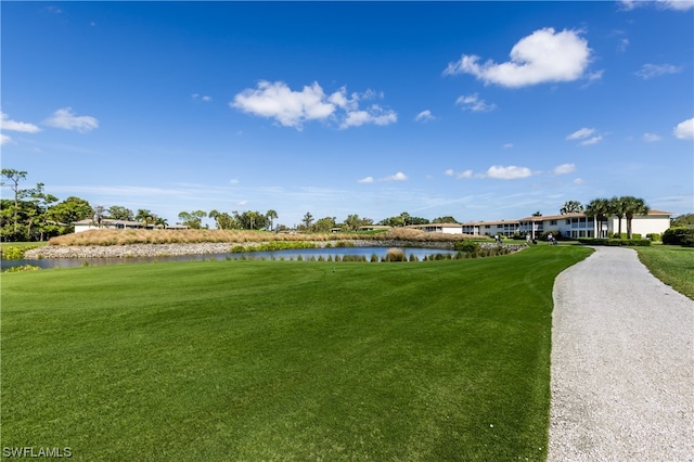 view of community with a lawn and a water view