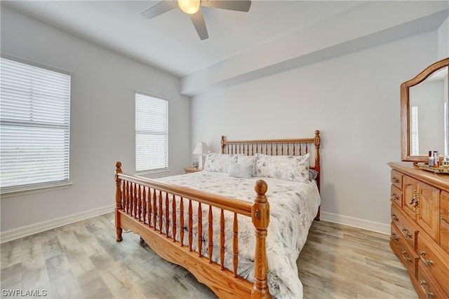 bedroom with light hardwood / wood-style flooring and ceiling fan