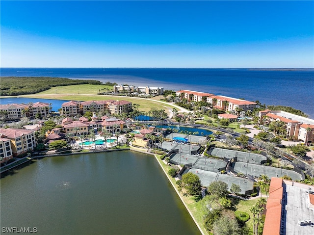 drone / aerial view featuring a water view