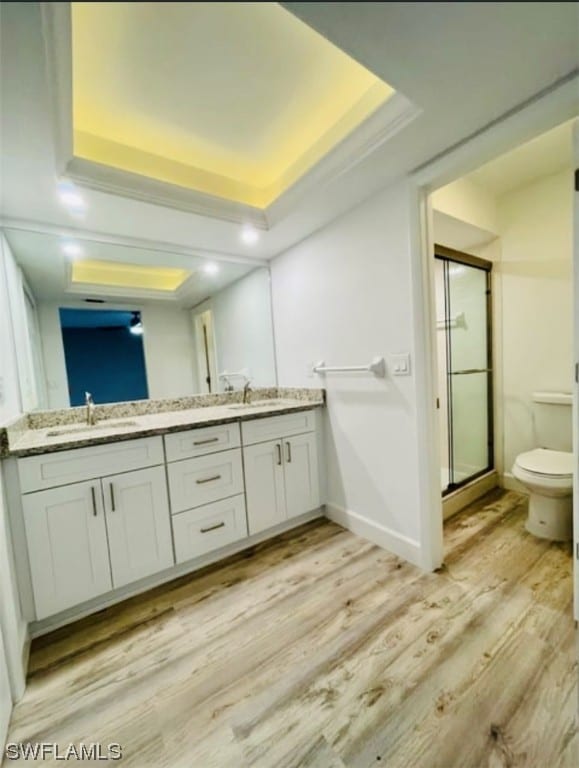 bathroom with an enclosed shower, hardwood / wood-style floors, vanity, and a raised ceiling