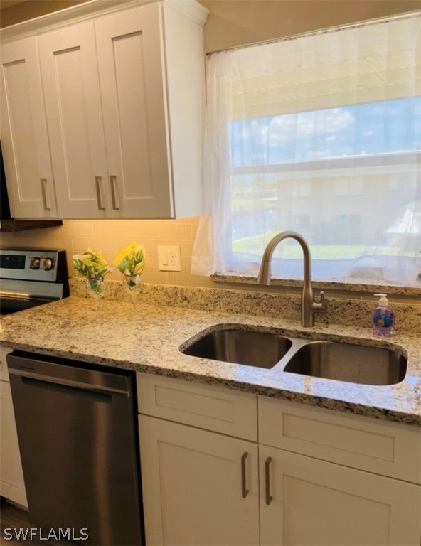 kitchen with white cabinetry, sink, dishwasher, and range