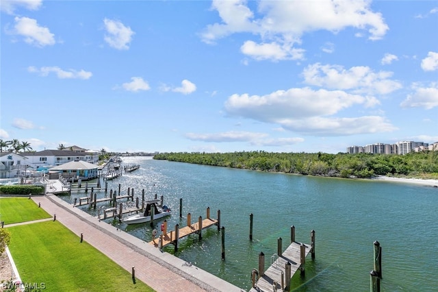 view of dock with a water view