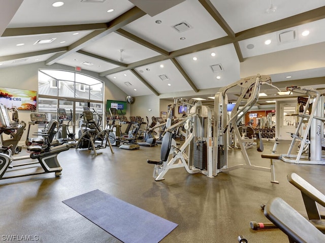 workout area featuring visible vents and high vaulted ceiling