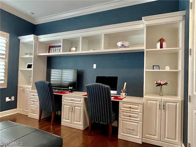 office area with crown molding and dark hardwood / wood-style floors