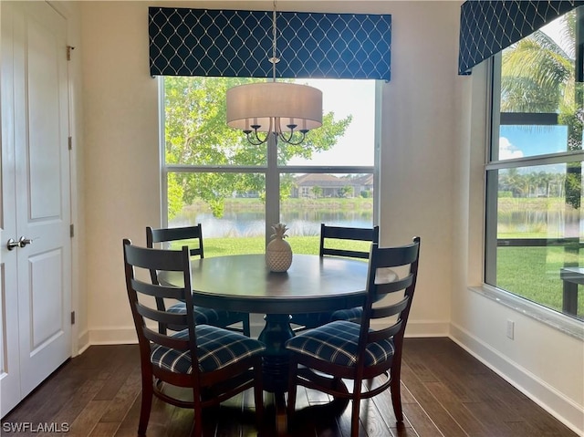 dining area featuring a water view and dark wood-type flooring