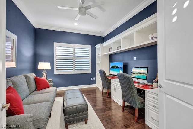 office space featuring dark hardwood / wood-style floors, ceiling fan, and crown molding