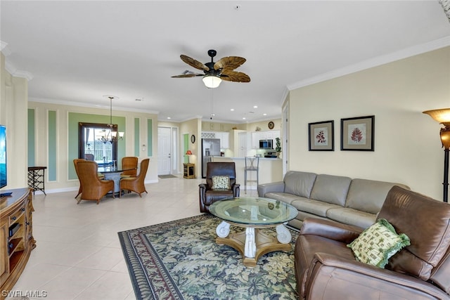 tiled living room featuring ornamental molding and ceiling fan with notable chandelier