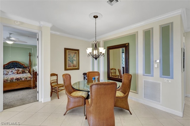 dining room featuring light carpet, ceiling fan with notable chandelier, and ornamental molding