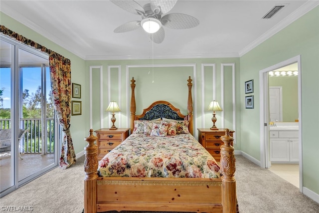 carpeted bedroom with ceiling fan, sink, access to outside, ensuite bathroom, and ornamental molding