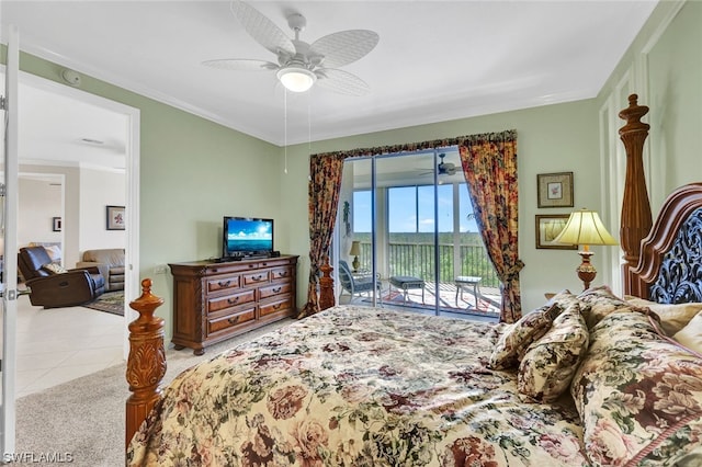 bedroom featuring light tile floors, access to outside, ceiling fan, and ornamental molding