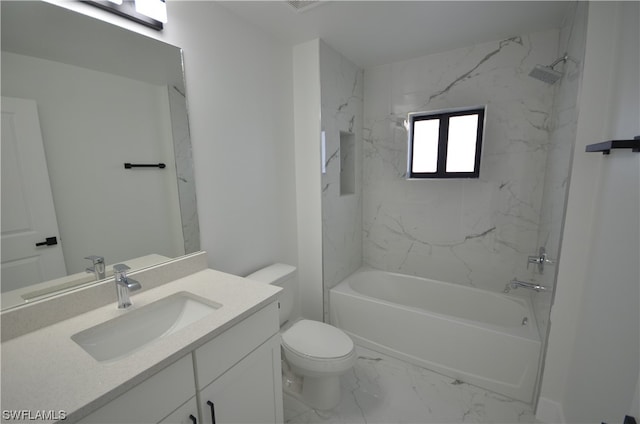 full bathroom with tiled shower / bath combo, tile floors, vanity with extensive cabinet space, and toilet