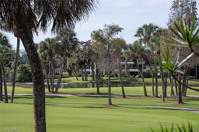 view of property's community with a water view and a lawn