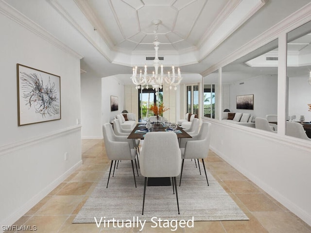 dining area featuring baseboards, ornamental molding, tile patterned flooring, a tray ceiling, and a notable chandelier