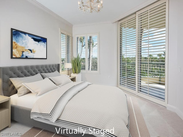 carpeted bedroom with ornamental molding, access to exterior, and a notable chandelier