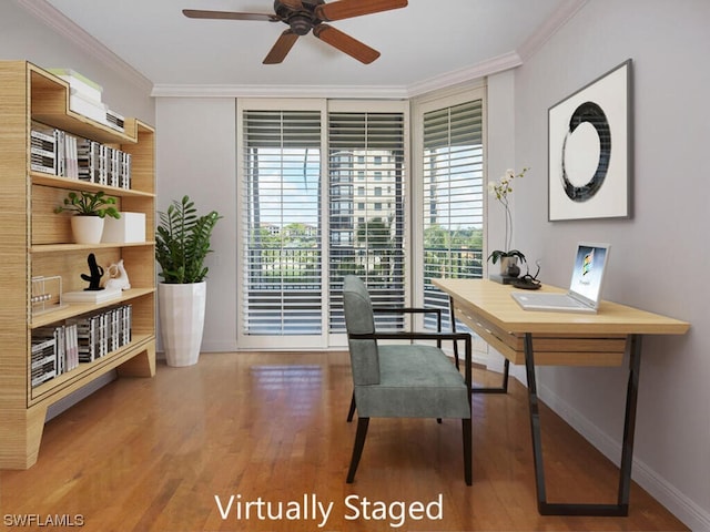 office with plenty of natural light, ornamental molding, hardwood / wood-style floors, and ceiling fan