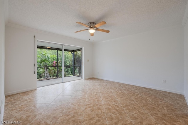 tiled spare room with ceiling fan, ornamental molding, and a textured ceiling