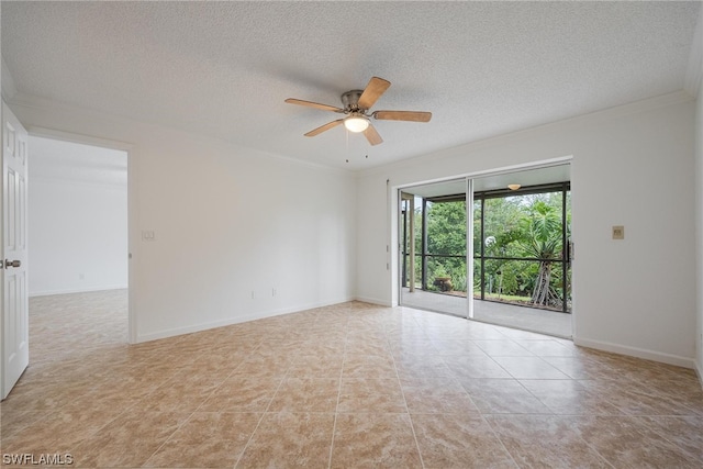 unfurnished room with ornamental molding, a textured ceiling, ceiling fan, and light tile patterned floors