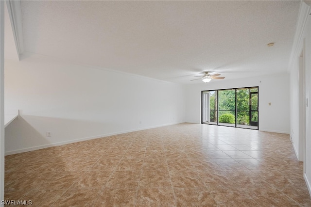 spare room with ceiling fan, crown molding, a textured ceiling, and light tile patterned floors