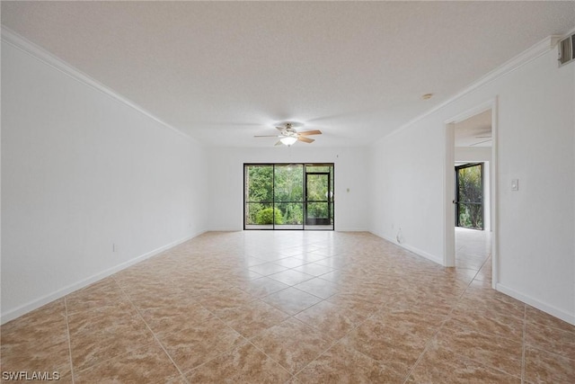 tiled empty room with ceiling fan, a textured ceiling, visible vents, baseboards, and ornamental molding