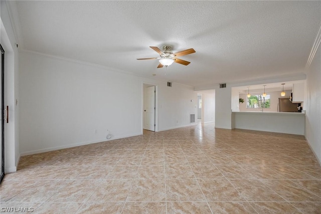 unfurnished living room featuring ceiling fan, light tile patterned floors, a textured ceiling, visible vents, and crown molding