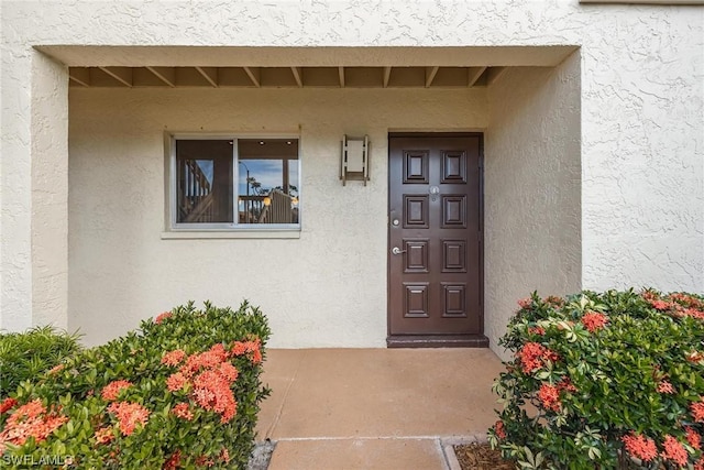 view of exterior entry featuring stucco siding