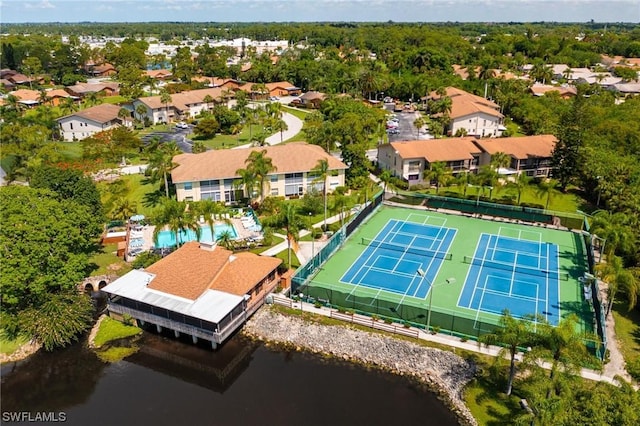 aerial view with a water view and a residential view