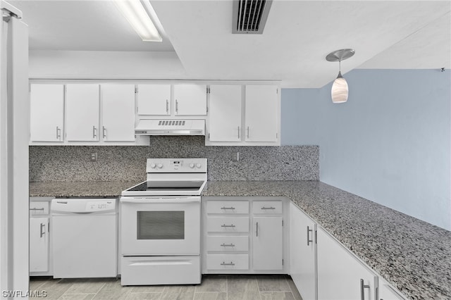 kitchen with white cabinetry, hanging light fixtures, tasteful backsplash, ventilation hood, and white appliances