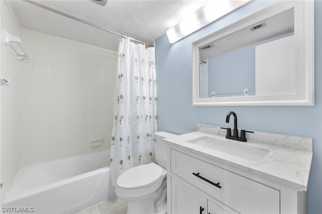 full bathroom featuring vanity, shower / bath combo, and toilet