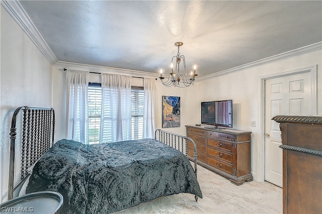 bedroom with crown molding and a chandelier