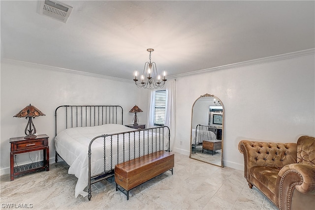 bedroom with crown molding and a chandelier