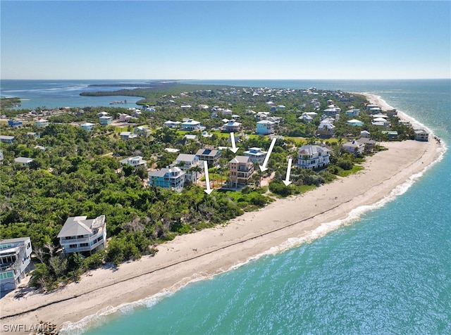 aerial view featuring a beach view and a water view