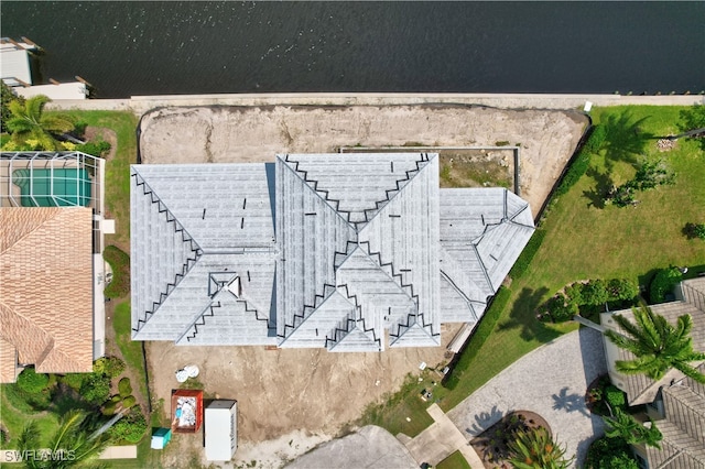 aerial view featuring a water view