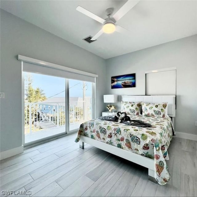 bedroom with access to exterior, visible vents, a ceiling fan, light wood-type flooring, and baseboards