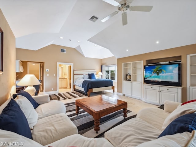 carpeted living room with built in features, ceiling fan, and lofted ceiling