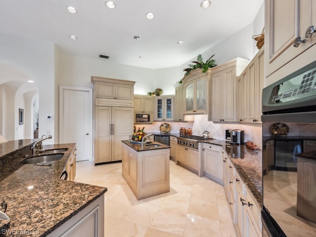 kitchen featuring sink, stainless steel appliances, dark stone countertops, and an island with sink