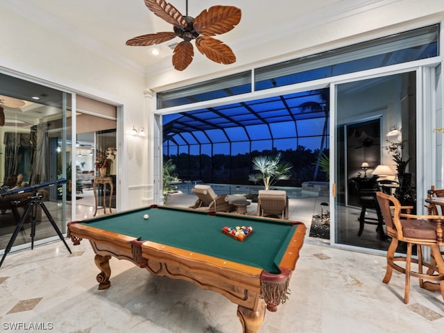 rec room featuring ornamental molding, ceiling fan, and billiards