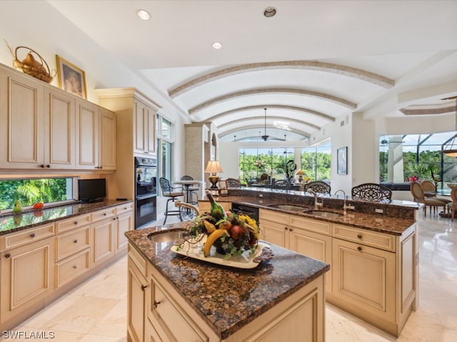 kitchen with a kitchen island with sink, lofted ceiling, and dark stone counters