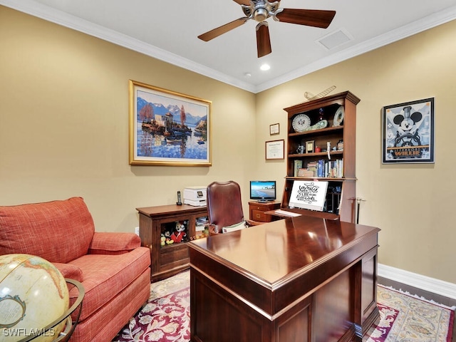 office featuring crown molding and ceiling fan