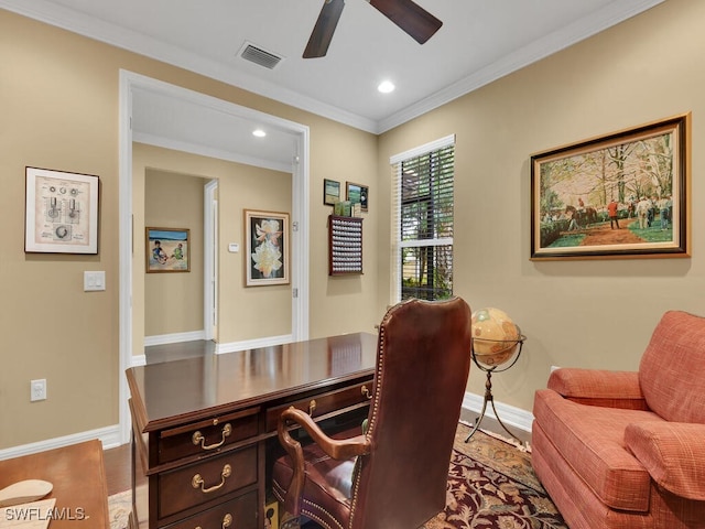 office area with hardwood / wood-style flooring, ceiling fan, and ornamental molding