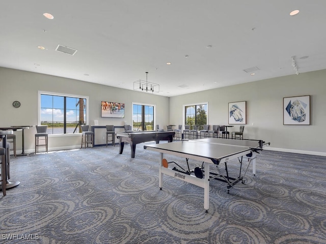 rec room featuring pool table, carpet flooring, and a wealth of natural light