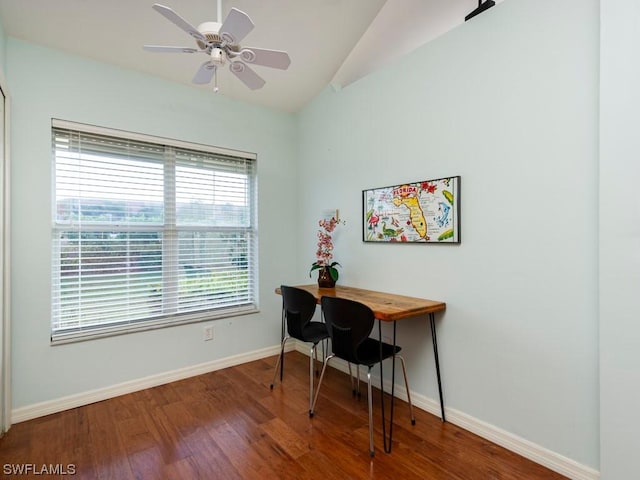 office featuring lofted ceiling, wood-type flooring, and ceiling fan