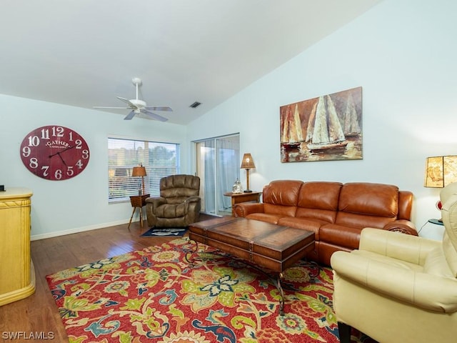 living room featuring hardwood / wood-style flooring, lofted ceiling, and ceiling fan