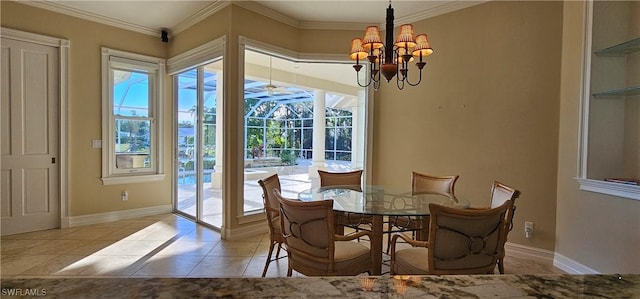 dining room featuring ceiling fan with notable chandelier, light tile patterned floors, and crown molding